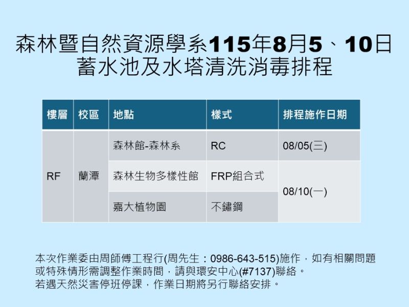 森林暨自然資源學系115年8月5、10日蓄水池及水塔清洗消毒