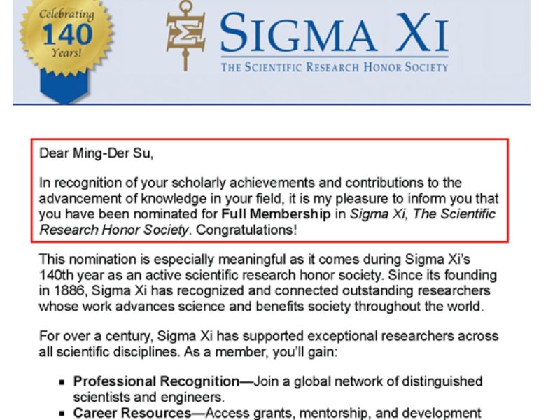 美國Sigma Xi 科學研究學會提名蘇明德教授為非營利性的科學家與工程師榮譽學會的正式會員(Full Membership)