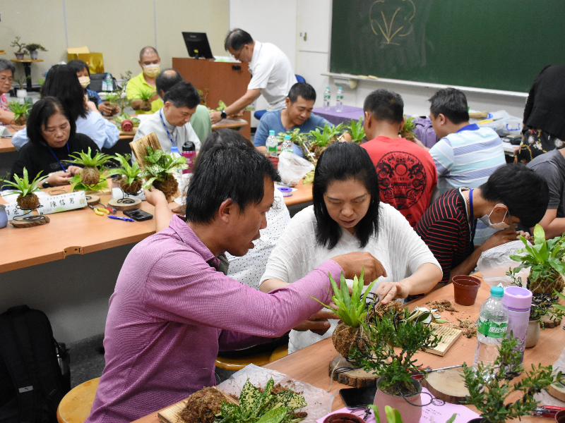 實作課程學員相互合作完成景觀植栽雕塑。(照片由林明瑩主任提供)